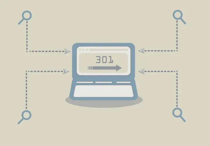 Laptop z ikoną lupy i strzałką wskazującą na "301" symbolizuje przekierowanie 302.