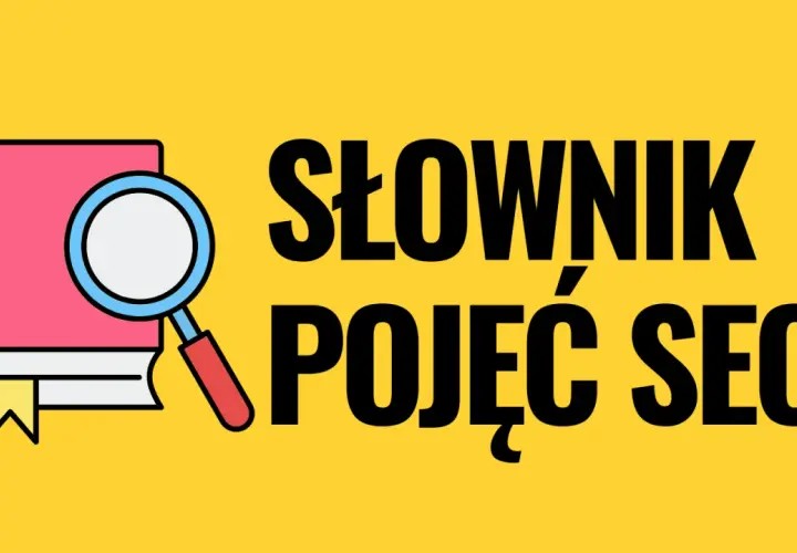 Ilustracja przedstawia książkę z lupą, symbolizującą słownik pojęć SEO.