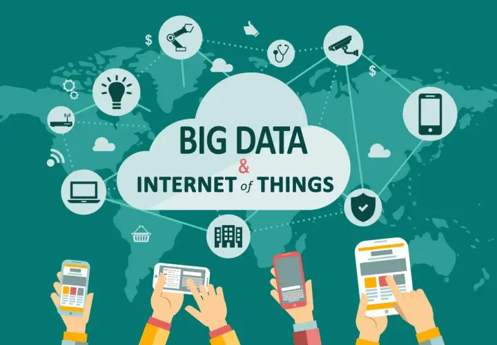 Ilustracja przedstawia chmurę z napisem "BIG DATA & INTERNET of THINGS" otoczoną ikonami symbolizującymi technologię i dane.