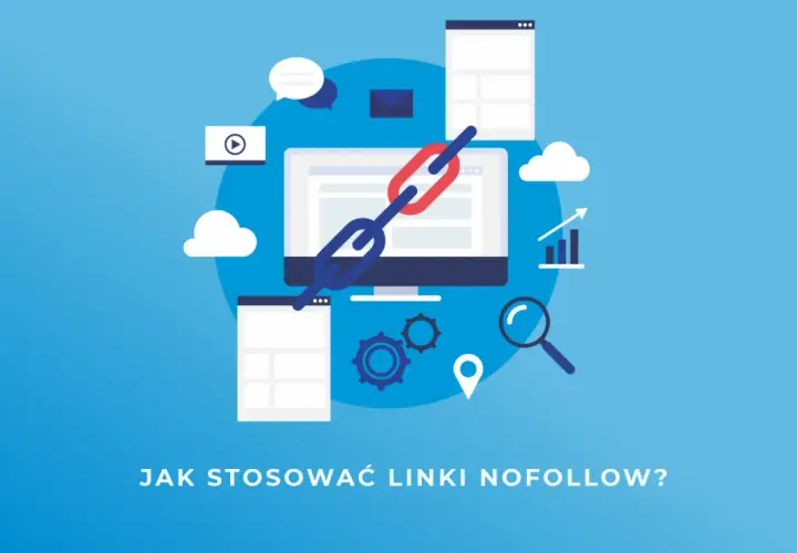 Grafika przedstawia komputer z ikonami symbolizującymi SEO i linkowanie. Pytanie brzmi: "Jak stosować linki nofollow?".