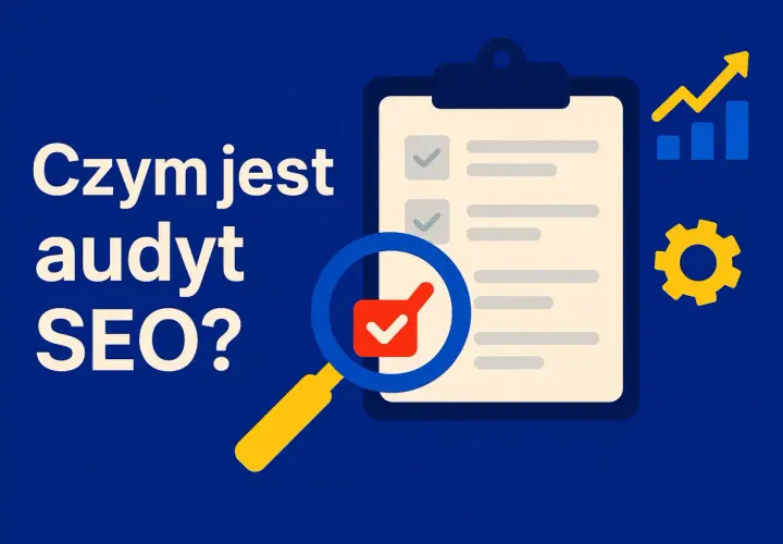 Audyt SEO: lupa bada listę zadań na tablicy, obok wykres wzrostu i trybik. Kluczowe dla techniczne seo.