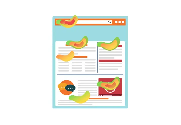 Analiza strony internetowej z kolorowymi plamami, sugerującymi heat mapping. Widoczne elementy: pasek wyszukiwania, artykuły, ikona czatu i odtwarzacz wideo.
