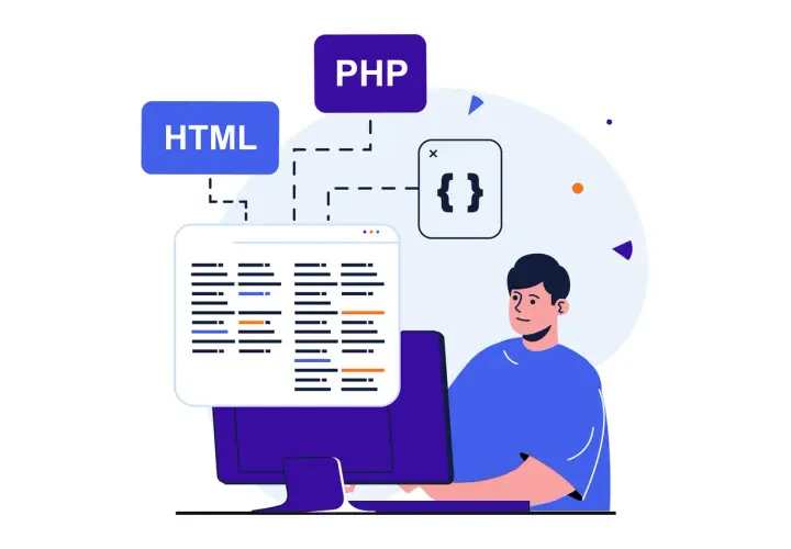 Programista tworzy wygląd strony internetowej, pracując z kodem HTML i PHP.