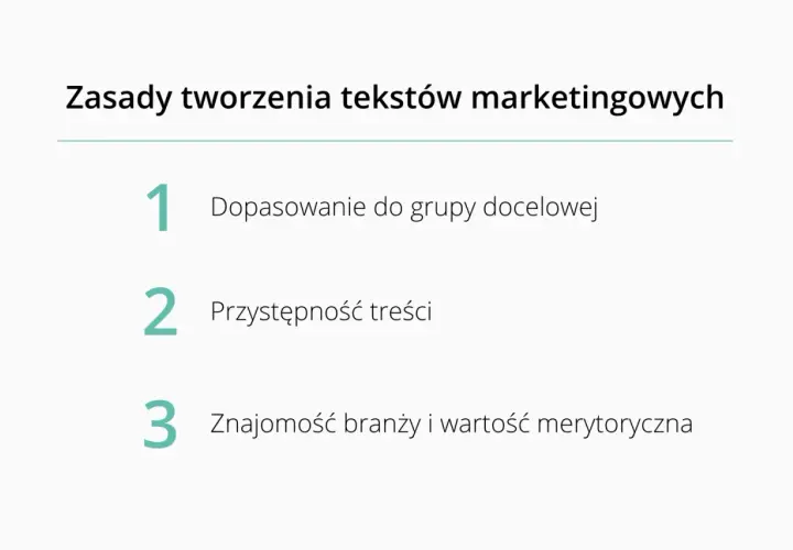 Zasady tworzenia skutecznego **tekstu reklamowego**: dopasowanie do grupy, przystępność i znajomość branży.