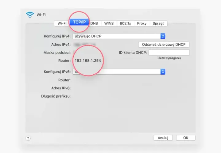 Ustawienia sieci Wi-Fi, zakładka TCP/IP. Widoczny adres routera: 192.168.1.254. To jest przykład, co to IP.