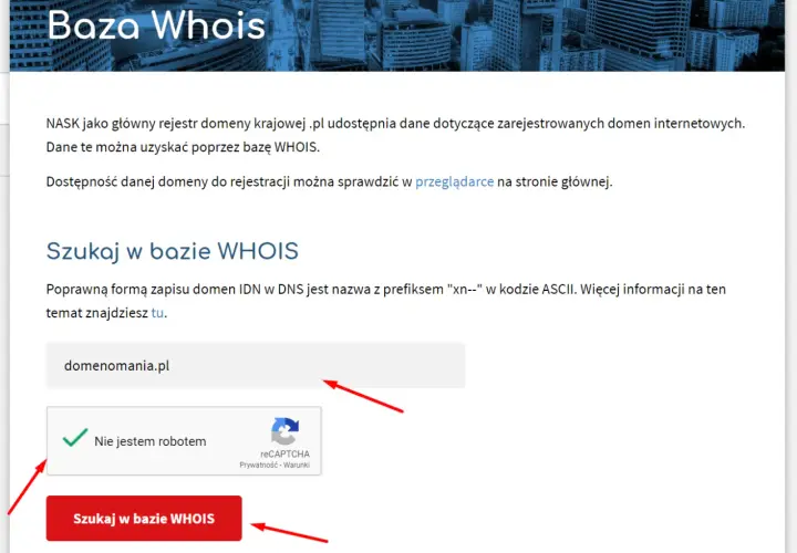 Baza WHOIS pozwala sprawdzić, kto jest właścicielem domeny. Wpisz nazwę domeny, np. domenomania.pl, i kliknij "Szukaj".