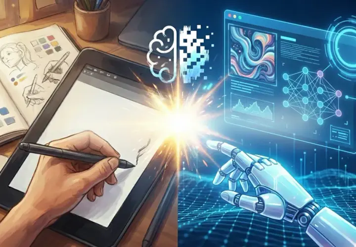 Ręka artysty tworzy szkice na tablecie, a robotyczny palec dotyka ekranu z wizualizacją sieci neuronowej. To połączenie ludzkiej kreatywności i ai grafiki.