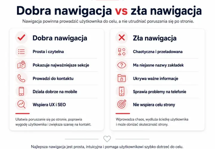 Porównanie dobrej i złej nawigacji. Dobra jest prosta, czytelna, wspiera UX/SEO i działa na mobile, jak dobrze zaprojektowany sticky menu. Zła jest chaotyczna i ukrywa informacje.