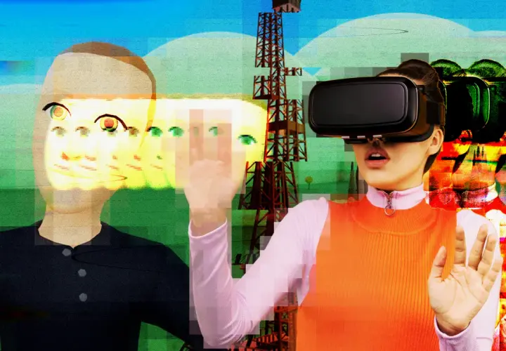 Kobieta w goglach VR wchodzi do metaświata. Obok niej cyfrowa postać, wieża i powielone awatary.