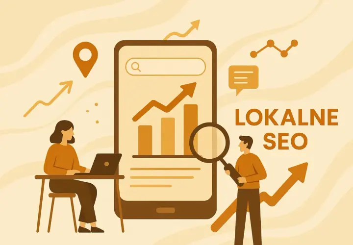 Grafika ilustruje lokalne SEO. Kobieta pracuje przy laptopie, mężczyzna analizuje dane na smartfonie za pomocą lupy. Widać wykresy wzrostu i ikonę lokalizacji.