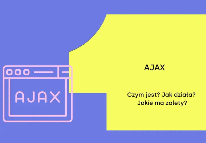 Grafika wyjaśnia, ajax co to jest, jak działa i jakie ma zalety. Widoczny jest stylizowany interfejs przeglądarki z napisem AJAX.