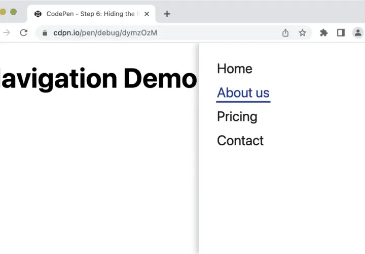 Menu nawigacyjne z opcjami: Home, About us, Pricing, Contact. Ikona hamburger menu widoczna w prawym górnym rogu.
