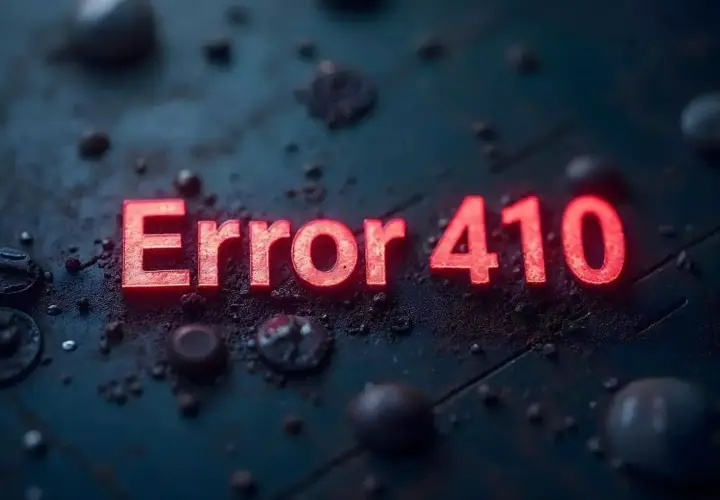 Czerwone, świecące litery "Error 410" na ciemnym, zniszczonym tle.