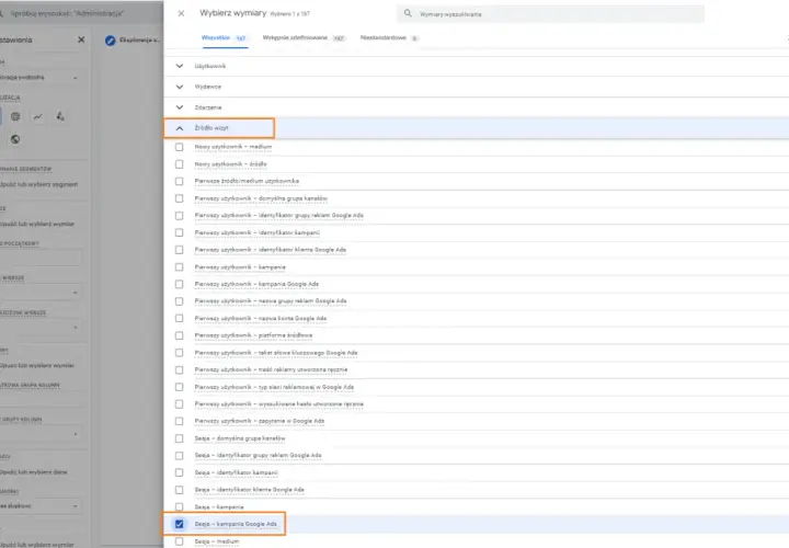 Wybór wymiaru "Sesja - kampania Google Ads" w eksploracji danych, aby analizować źródła ruchu i potencjalnie zmniejszyć bounce rate.