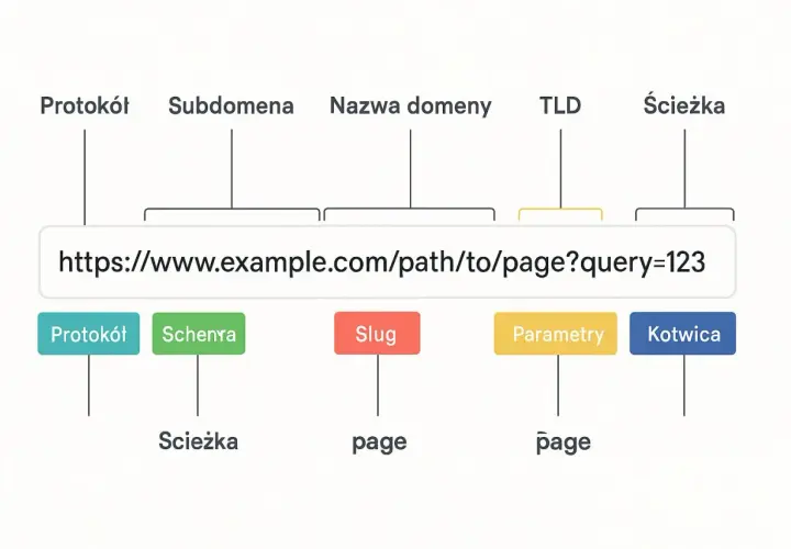 Diagram rozkłada adres internetowy na części: protokół, subdomenę, nazwę domeny, TLD, ścieżkę, slug, parametry i kotwicę.