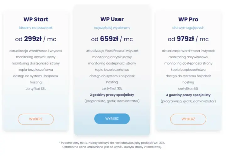 Trzy plany obsługi stron internetowych: WP Start, WP User i WP Pro, z cenami i zakresem usług. Aktualizacja stron internetowych w pakiecie.