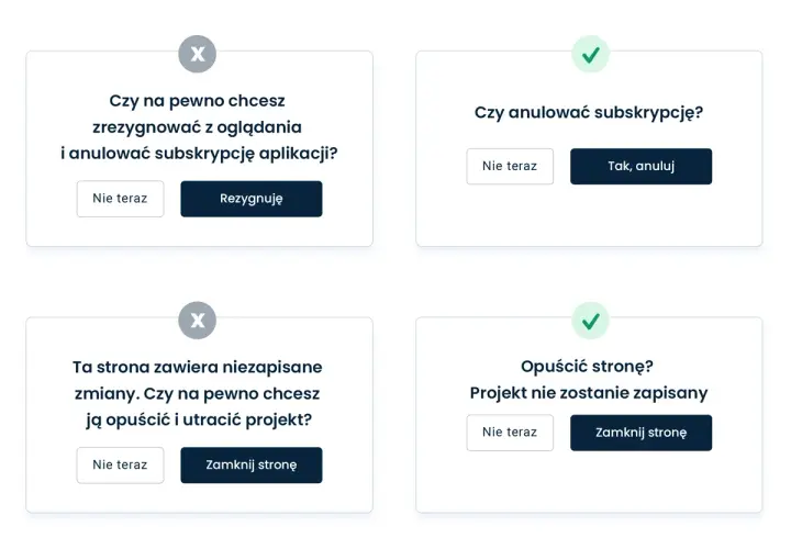 Przykłady komunikatów potwierdzających, które mógł stworzyć ux writer: anulowanie subskrypcji, rezygnacja z oglądania, opuszczenie strony z niezapisanymi zmianami.