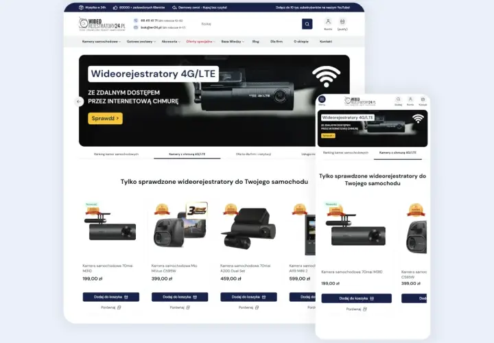 Strona sklepu z wideorejestratorami 4G/LTE. Promocja "Sprawdź" zachęca do zakupu, a sekcja "Tylko sprawdzone wideorejestratory" prezentuje modele. Możliwość porównania produktów.