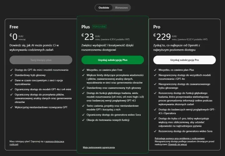 Porównanie planów: Free, Plus i Pro. Plan Plus oferuje ulepszenia, w tym dostęp do modeli GPT-4.5 i generatora wideo Sora.