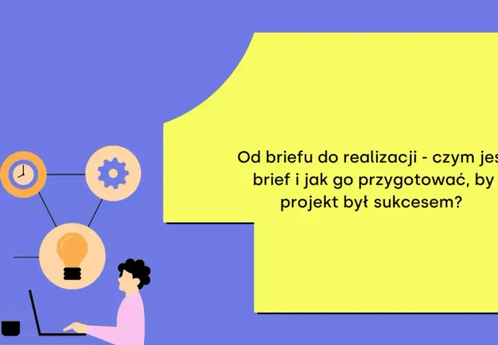 Grafika przedstawia schemat procesu tworzenia projektu, od briefu do realizacji. Ikony symbolizują czas, pomysł i zadania.