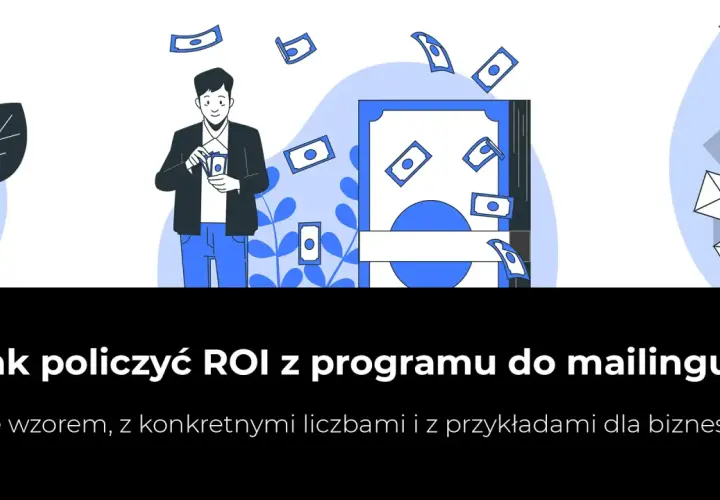 Mężczyzna z pieniędzmi w ręku, spadające banknoty i koperty. Ilustracja pokazuje, jak obliczyć ROI z mailingu, by zwiększyć zyski.