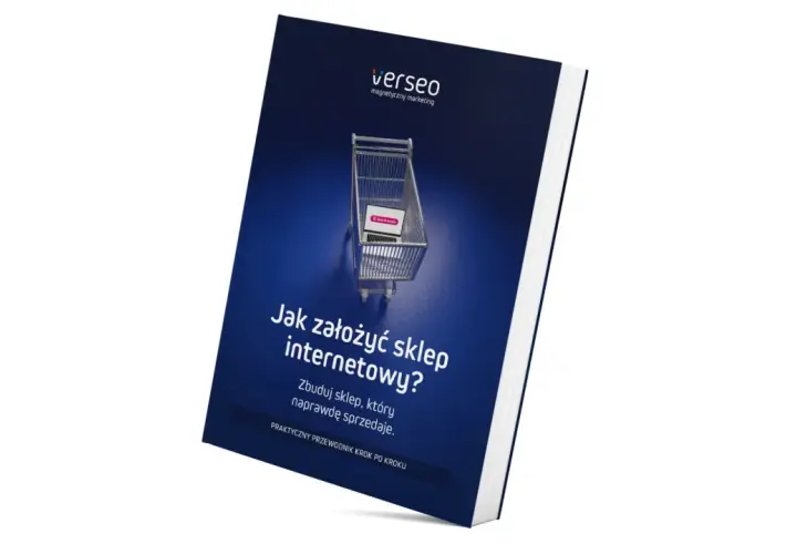 Książka "Jak założyć sklep internetowy?" z wózkiem sklepowym i laptopem, idealna dla każdego, kto chce rozwijać swój web marketing.