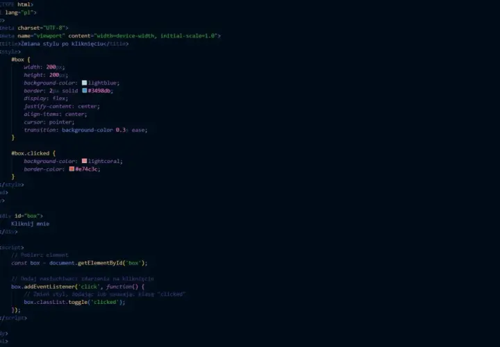 Kod HTML i JavaScript pokazujący, jak zmienić styl elementu po kliknięciu. To jest przykład, javascript co to.