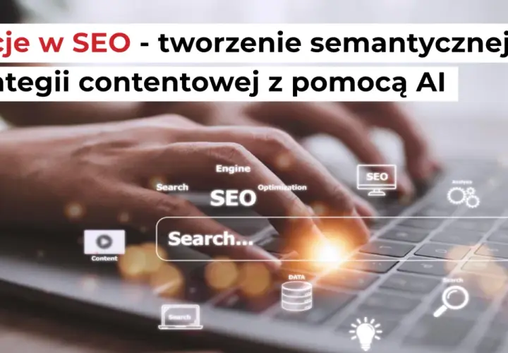 Ręce nad klawiaturą, ikony SEO, analiza danych i wyszukiwanie. Tworzenie strategii semantycznej SEO z pomocą AI.