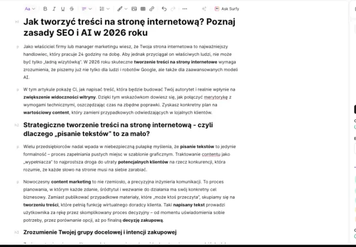 Optymalizacja tworzenia treści na stronę internetową z pomocą AI. Artykuł omawia zasady SEO i AI w 2026 roku.