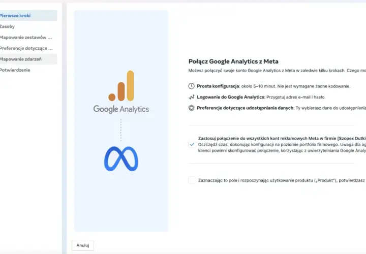 Konfiguracja połączenia Google Analytics z Meta. Umożliwia cross-network ga4.