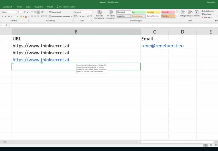 W arkuszu Excel widać listę adresów URL. Aby usunąć hiperłącze, kliknij prawym przyciskiem myszy na komórkę i wybierz "Usuń hiperłącze".