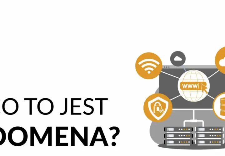 Grafika wyjaśnia, co to jest domena i jakie ma znaczenie. Widzimy ikonki symbolizujące internet, bezpieczeństwo, chmurę i serwery.