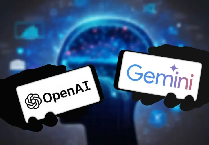 Dwie dłonie trzymają smartfony z logotypami OpenAI i Gemini. Tło to stylizowany mózg i wykresy, sugerujące rywalizację AI, jak Bard GPT.