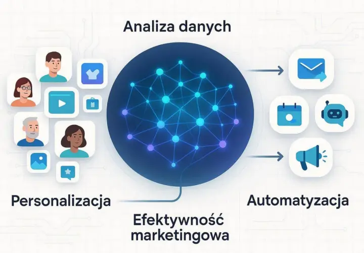 Grafika przedstawia schemat analizy danych z wykorzystaniem narzędzi AI. Personalizacja i automatyzacja działań marketingowych dzięki sztucznej inteligencji.