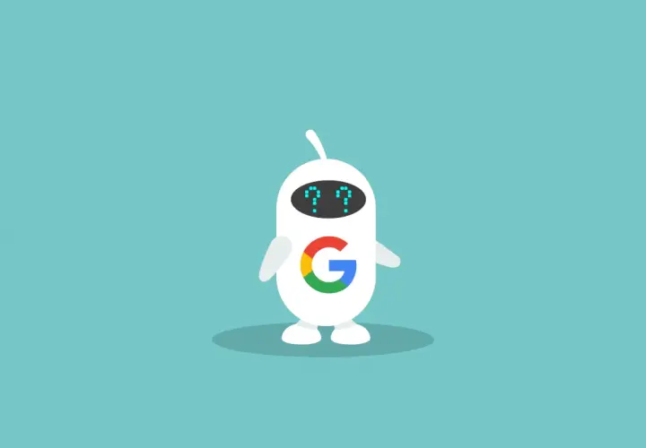 Biały, przyjazny google bot z logo Google na brzuchu i niebieskimi znakami zapytania zamiast oczu.