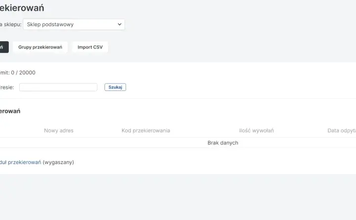 Panel administracyjny sklepu z opcją dodawania i zarządzania przekierowaniami 301. Widoczna lista przekierowań, pole wyszukiwania i przycisk dodawania.