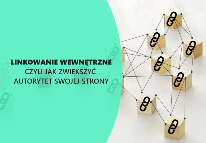Drewniane klocki z ikonami łańcuchów połączone liniami, symbolizujące linkowanie stron i budowanie autorytetu.