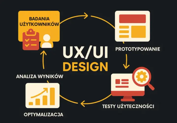 Schemat procesu UX/UI design: badania użytkowników, prototypowanie, testy użyteczności, optymalizacja.