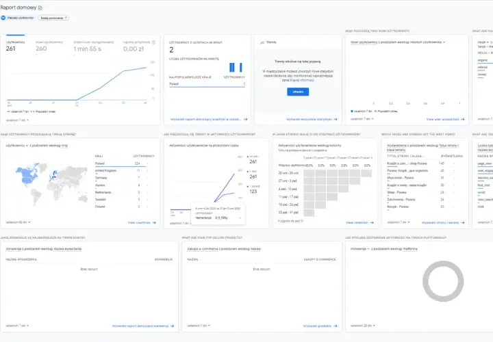 Panel Google Analytics z danymi o użytkownikach, ruchu na stronie, konwersjach i trendach.