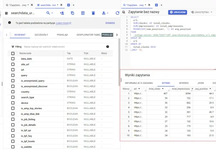 Widok eksploratora danych Google Cloud z zapytaniem SQL, które pobiera dane z BigQuery, prezentując wyniki w tabeli.