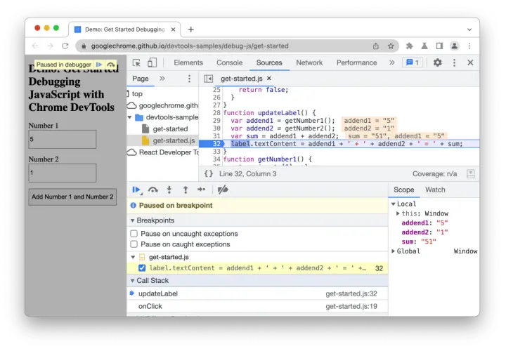 DevTools co to? Debugowanie JavaScript w Chrome DevTools, z kodem zatrzymanym na linii 32.