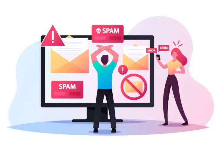 Osoba zrezygnowana przed monitorem z powiadomieniami SPAM. Kobieta z telefonem też widzi SPAM.
