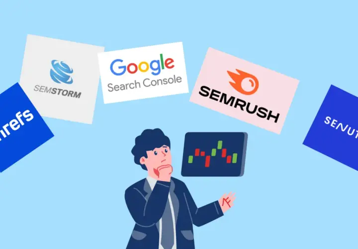 Biznesmen zastanawia się nad wyborem narzędzi SEO: Ahrefs, SEMrush, Senuto, SEMstorm i Google Search Console.