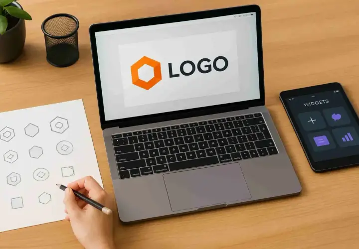 Projektowanie logo i wybór widżetów na tablet.