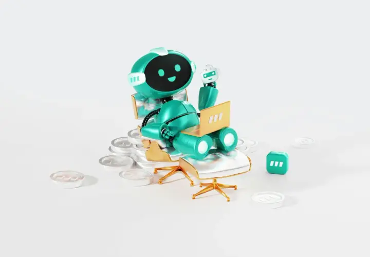 Uroczy bot siedzi na krześle, pracując na laptopie. Wokół niego leżą monety, a obok kostka z symbolem. To właśnie boty co to - pomocnicy w cyfrowym świecie.