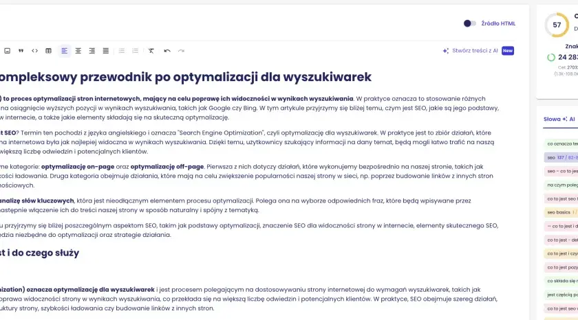Artykuł wyjaśnia, co to jest SEO i jak działa. Zawiera analizę słów kluczowych i podpowiedzi, jak zoptymalizować stronę.