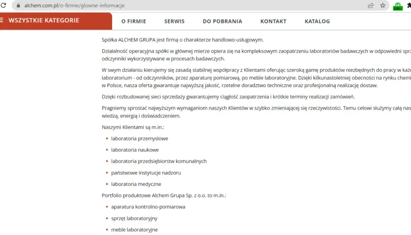 Opis firmy ALCHEM GRUPA: kompleksowe zaopatrzenie laboratoriów w sprzęt, odczynniki i meble. Gwarancja jakości i profesjonalna realizacja dostaw.