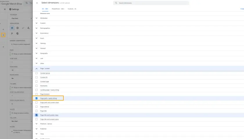 Wybieranie wymiaru "Page path + query string" do analizy page views.
