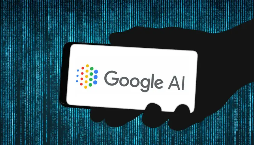 Dłoń trzyma smartfon z logo Google AI na tle cyfrowego kodu. To przyszłość wyszukiwania, czyli google sge.