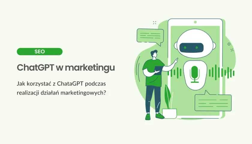 Ilustracja pokazuje, co potrafi ChatGPT w marketingu: człowiek korzysta z telefonu, na którym widać chatbota i mikrofon.
